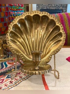 Vintage MCM Solid Brass Clam Shell Candle Holder Wall Sconce